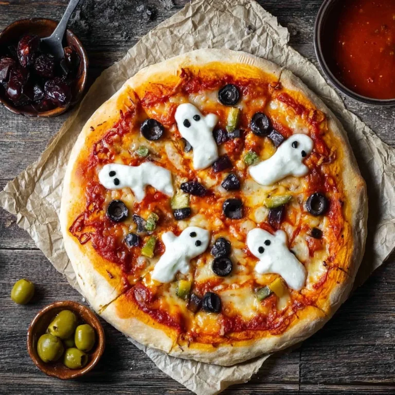 Delicious Ghost Pizza served with unique toppings and a mysterious twist.