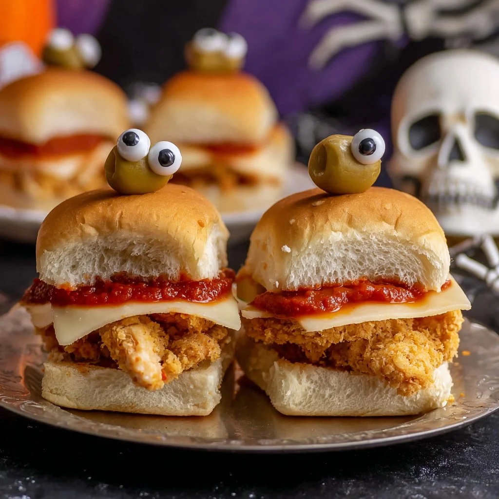 Halloween chicken parm sliders served on a festive platter