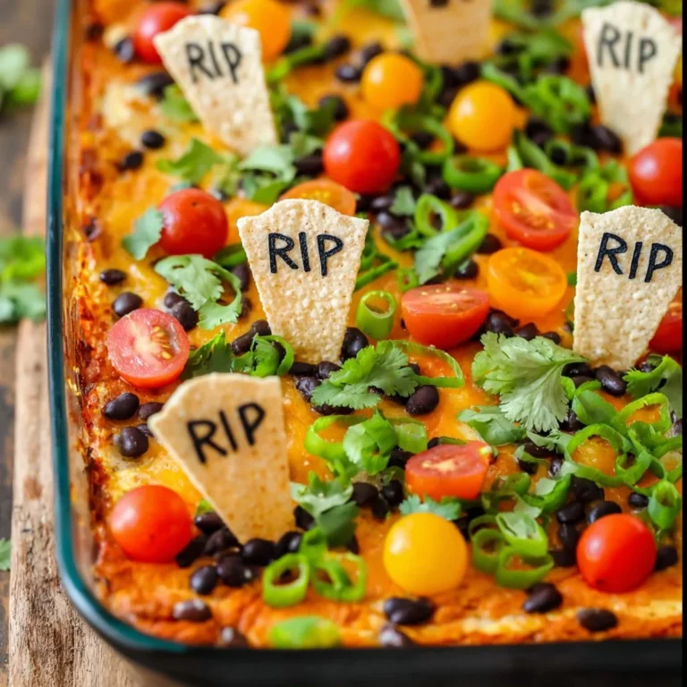 Halloween-themed taco dip with festive decorations
