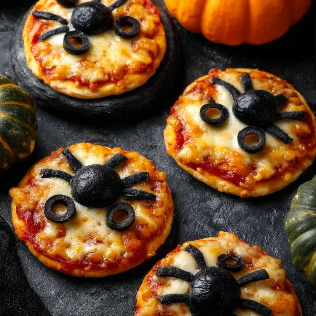 Plate of mini spider pizzas decorated for Halloween