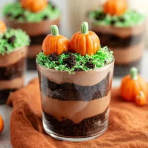 Delicious Pumpkin Patch Dirt Cups decorated with candy pumpkins and chocolate cookies
