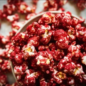 Delicious Red Velvet Popcorn in a decorative bowl, perfect for snacking.
