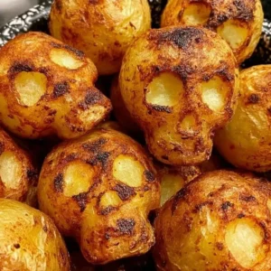 A plate of fun and spooky roasted potato skulls, perfect for Halloween snacks.