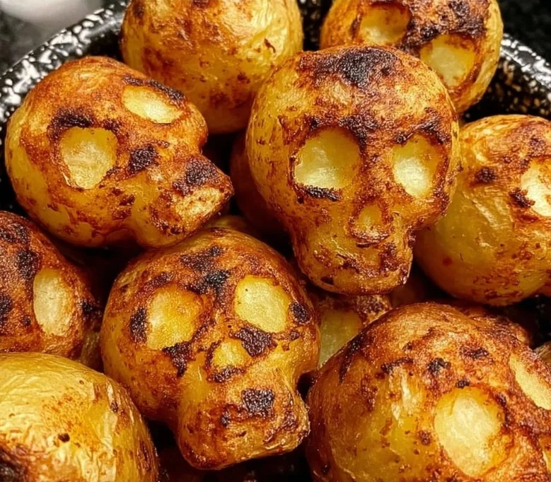 A plate of fun and spooky roasted potato skulls, perfect for Halloween snacks.