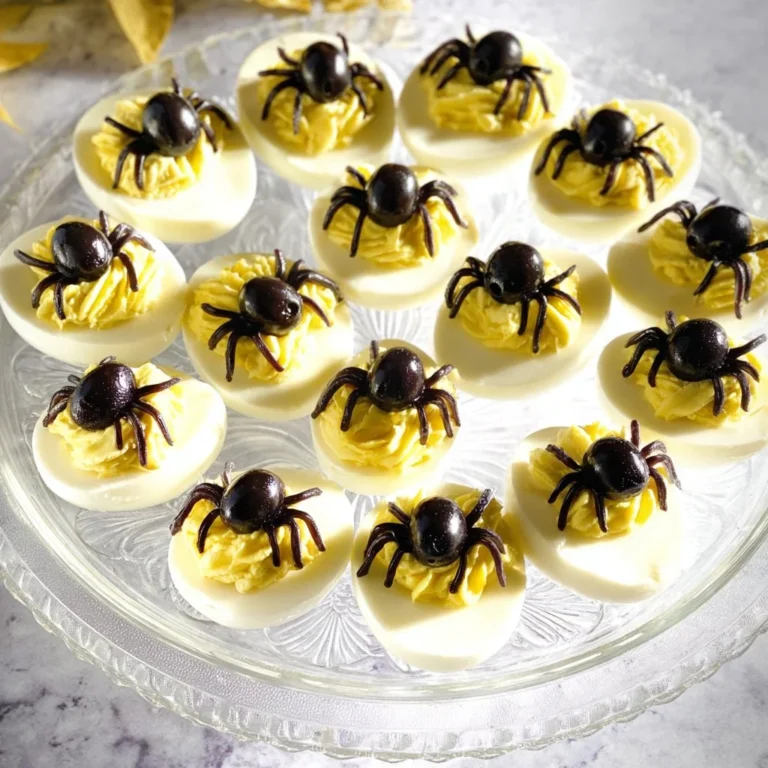 Spider deviled eggs decorated with olives and paprika for a spooky Halloween treat.