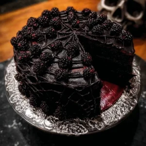 Spooky Black Velvet Halloween Cake with dark frosting and festive decorations