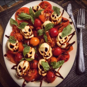 Spooky Halloween Caprese Salad with mozzarella, tomatoes, and basil leaves