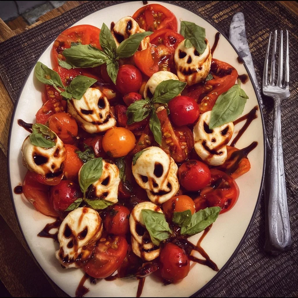 Spooky Halloween Caprese Salad with mozzarella, tomatoes, and basil leaves