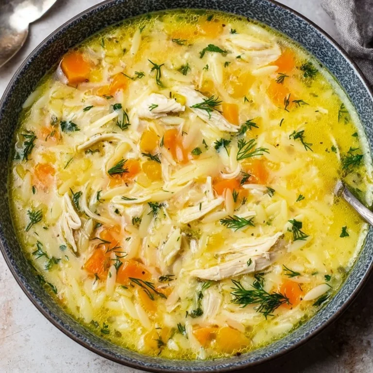A bowl of Avgolemono soup, a traditional Greek lemon chicken soup with fresh ingredients.