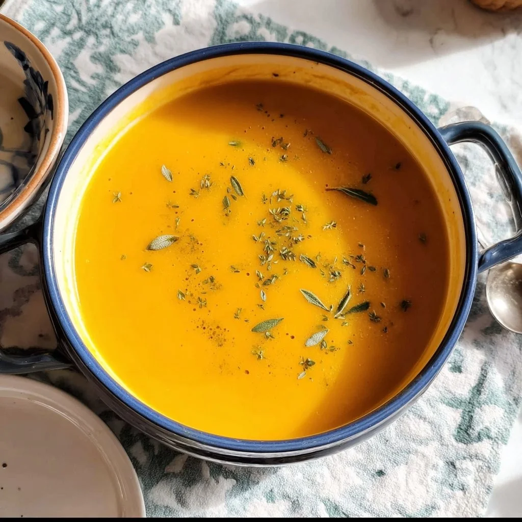 Bowl of creamy butternut squash soup topped with herbs and spices
