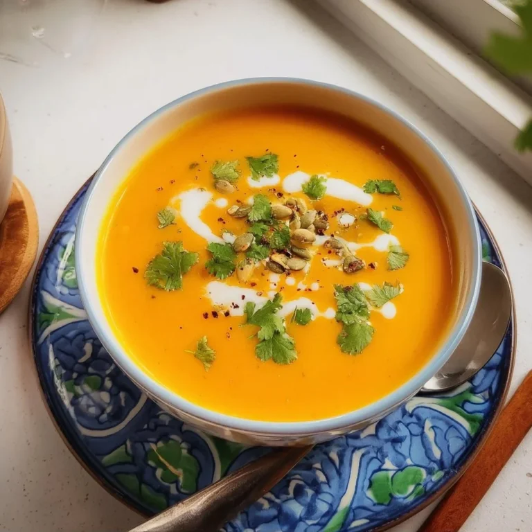 Bowl of carrot ginger soup garnished with fresh herbs and spices