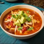 Bowl of Chicken Tortilla Soup topped with tortilla strips and fresh cilantro