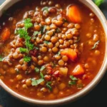 Bowl of Classic Lentil Soup garnished with parsley and served with bread.