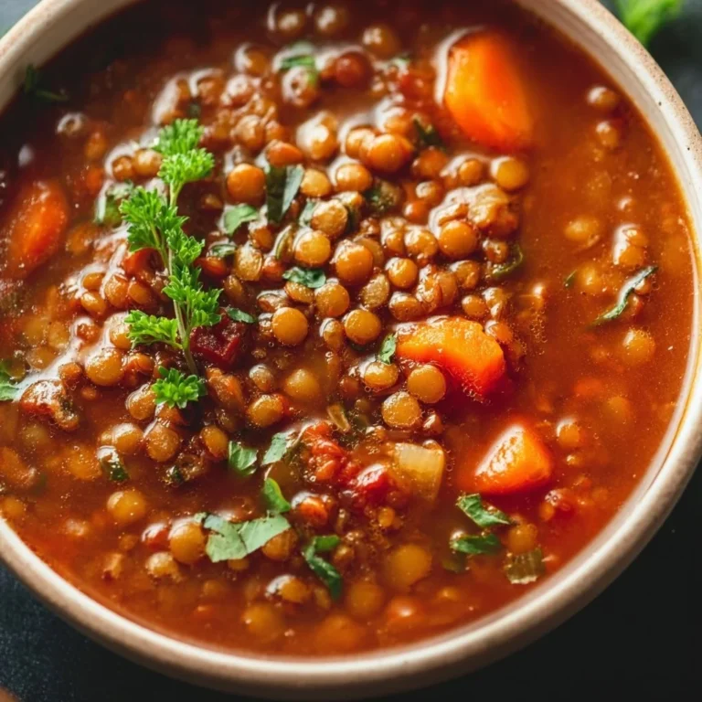 Bowl of Classic Lentil Soup garnished with parsley and served with bread.