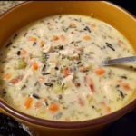 Creamy chicken and wild rice soup in a bowl, garnished with herbs.