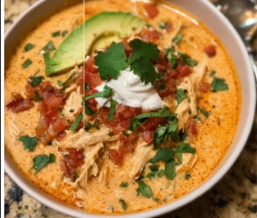 Bowl of creamy chicken enchilada soup garnished with cilantro and cheese