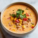 Bowl of creamy Cowboy Soup garnished with herbs and served with bread