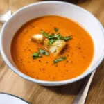 Creamy tomato basil soup in a bowl garnished with fresh basil leaves