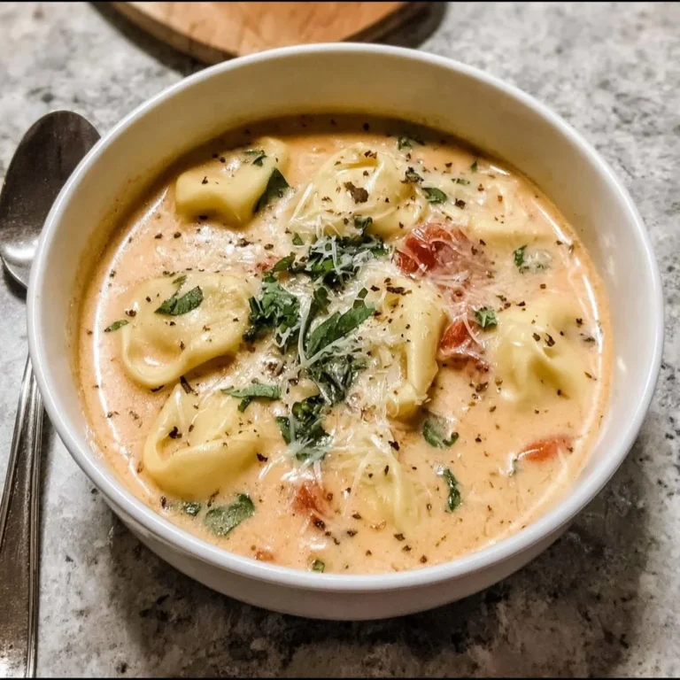 Bowl of creamy tortellini soup with rich cheese and herbs