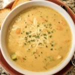 Bowl of creamy vegetable soup with fresh ingredients and herbs