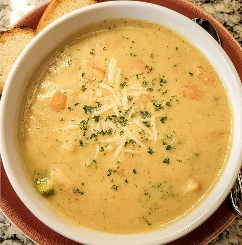 Bowl of creamy vegetable soup with fresh ingredients and herbs