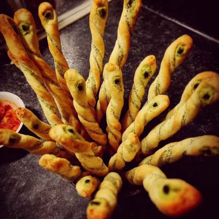 Creepy snake breadsticks shaped like snakes for Halloween parties.