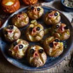 Halloween themed mini jacket potatoes served as festive appetizers