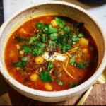 A bowl of traditional Harira Soup garnished with herbs and served with lemon.