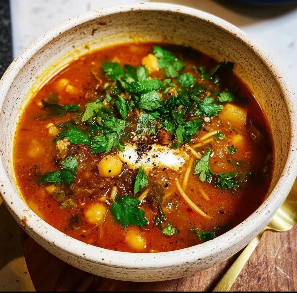 A bowl of traditional Harira Soup garnished with herbs and served with lemon.
