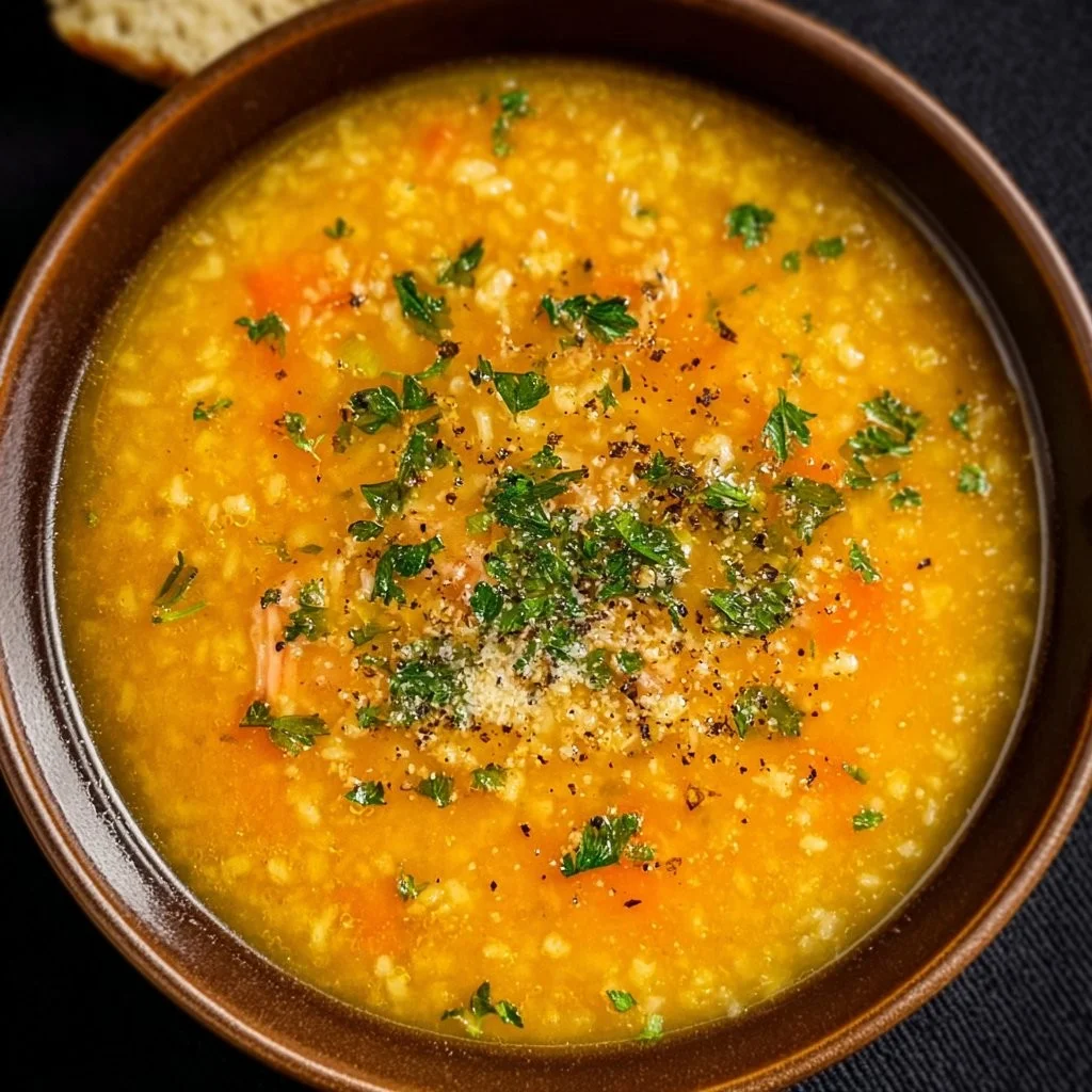 A bowl of Italian Penicillin Soup garnished with fresh herbs and vegetables.