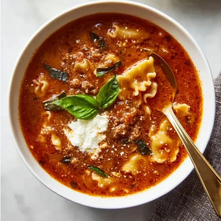 A bowl of hearty lasagna soup garnished with cheese and herbs