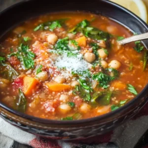 A bowl of Mediterranean Soup showcasing fresh ingredients and vibrant colors.