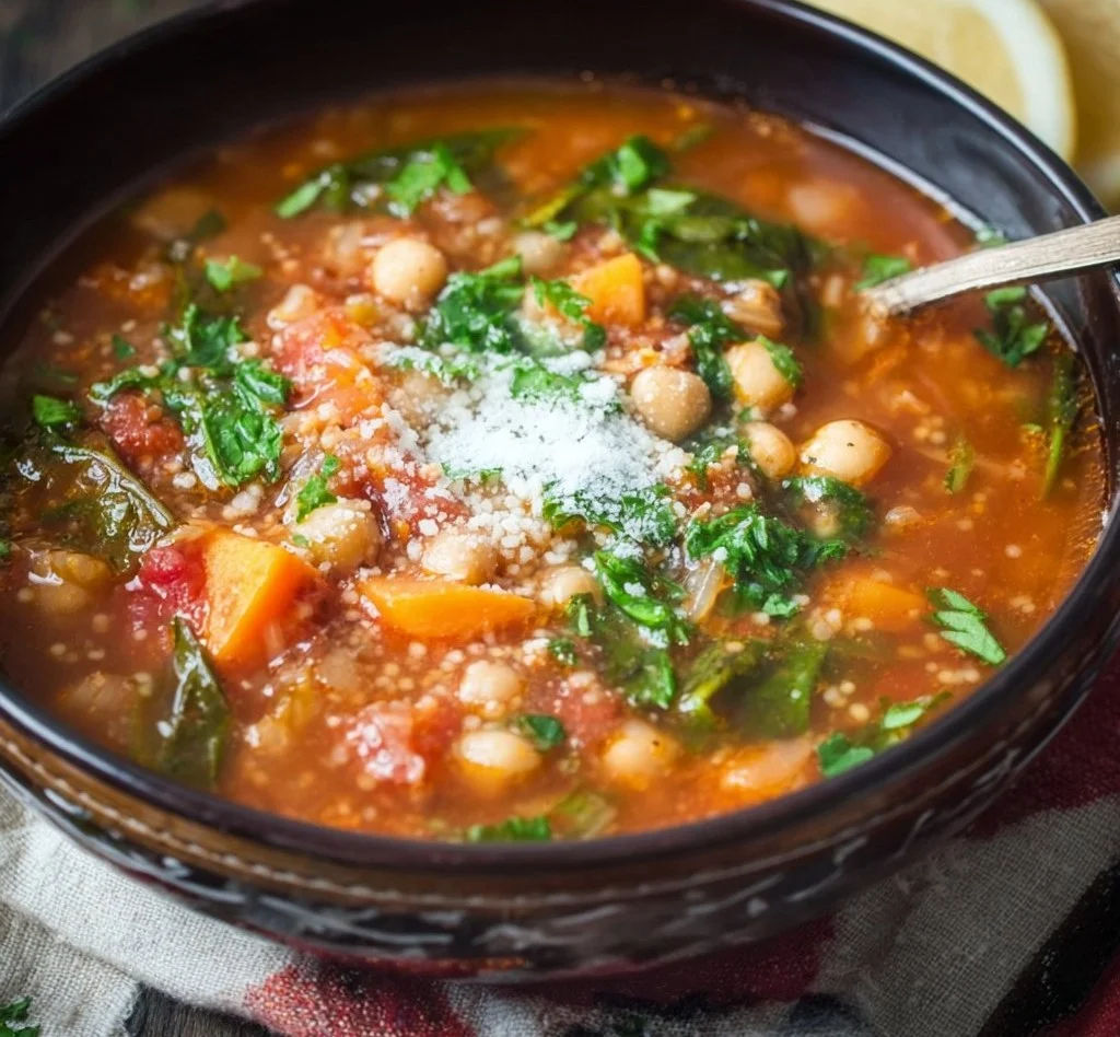 A bowl of Mediterranean Soup showcasing fresh ingredients and vibrant colors.