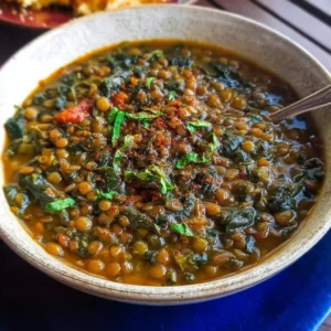 Bowl of Mediterranean Spicy Spinach and Lentil Soup garnished with herbs