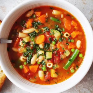Bowl of minestrone soup with vegetables, beans, and pasta