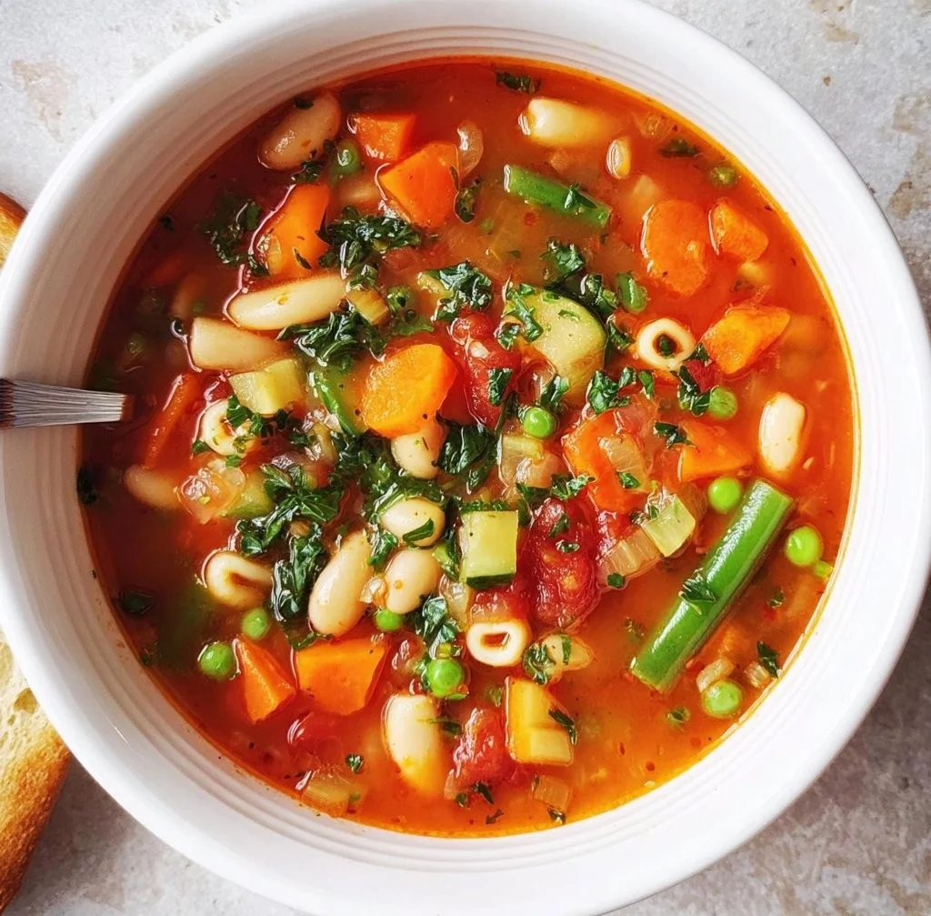 Bowl of minestrone soup with vegetables, beans, and pasta