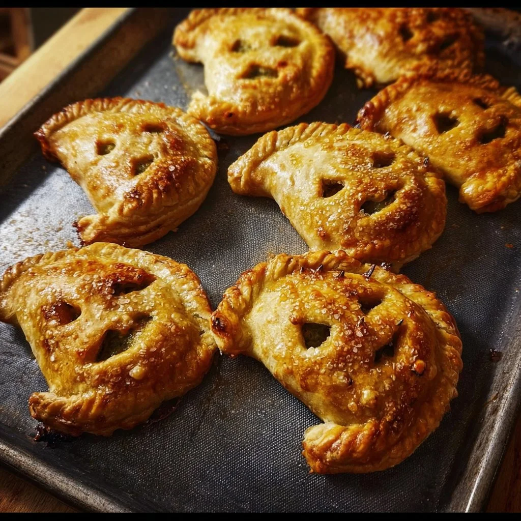 Pesto and Spinach Halloween Hand Pies, a festive treat for Halloween.