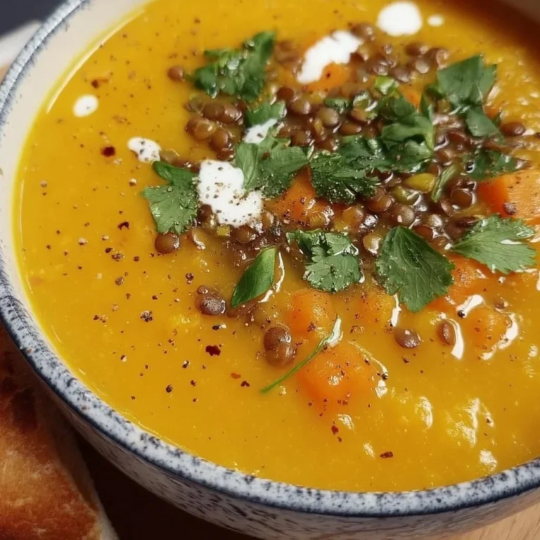 A bowl of spiced carrot and lentil soup garnished with fresh herbs.