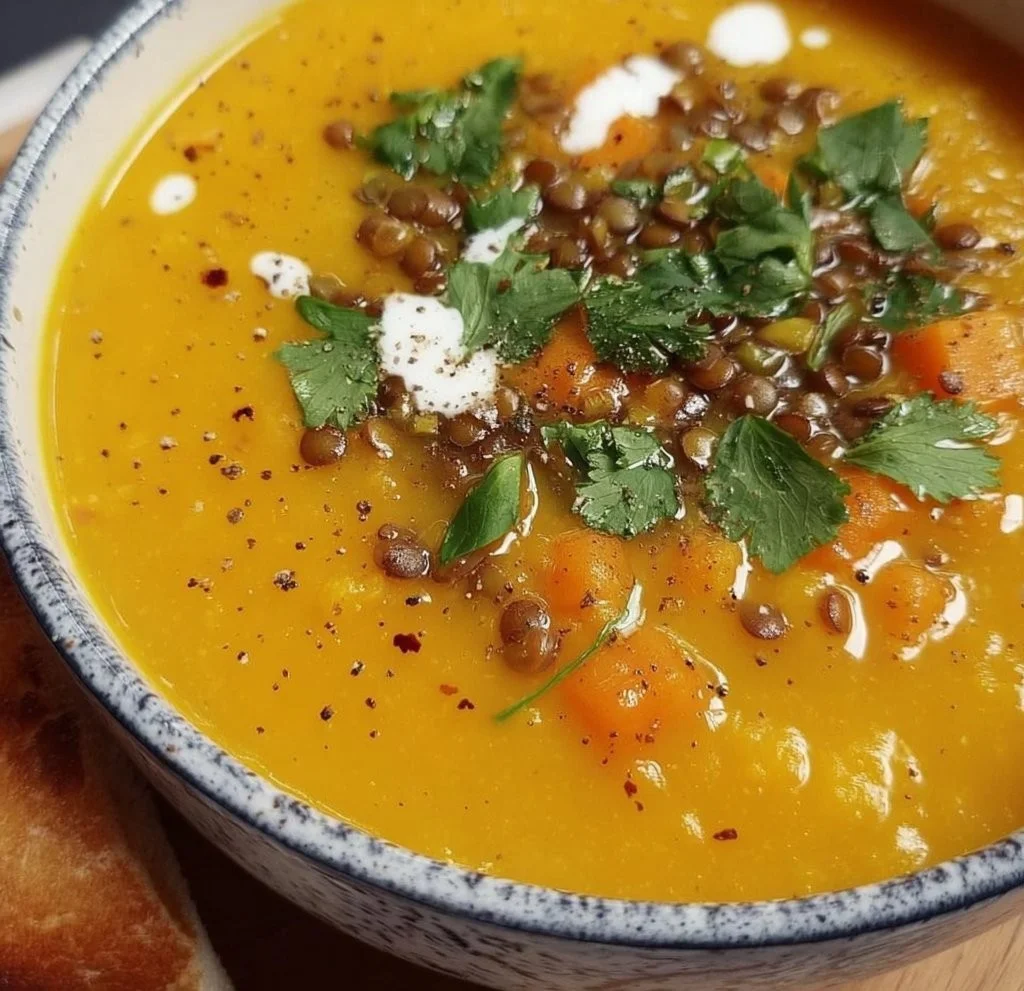 A bowl of spiced carrot and lentil soup garnished with fresh herbs.