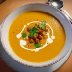 Bowl of sweet potato curry soup garnished with herbs and spices
