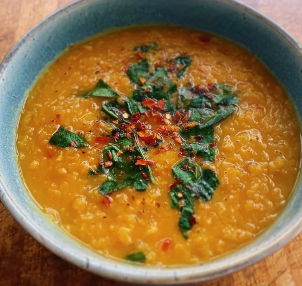 Bowl of Thai Coconut Red Lentil Soup garnished with cilantro and lime