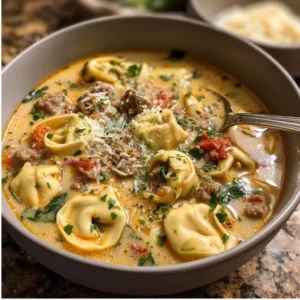 Bowl of hearty tortellini soup with vegetables and herbs
