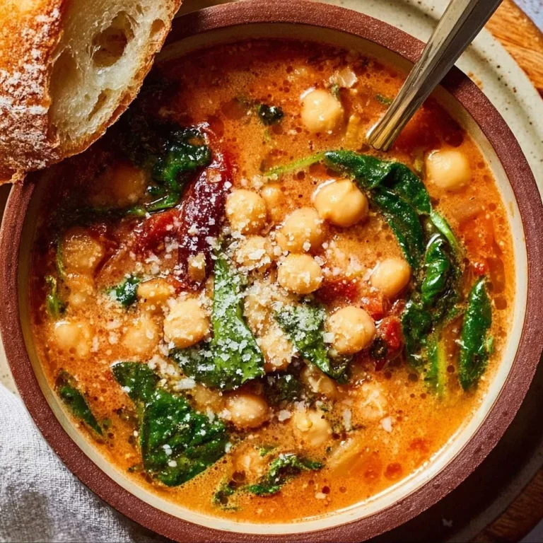 Bowl of delicious Tuscan Garbanzo Bean Soup garnished with herbs