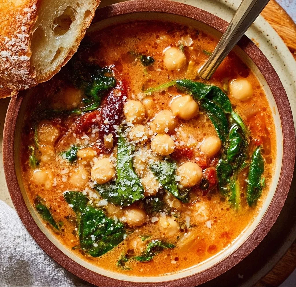 Bowl of delicious Tuscan Garbanzo Bean Soup garnished with herbs