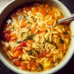 A bowl of Vegetable Orzo Soup with colorful vegetables and orzo pasta