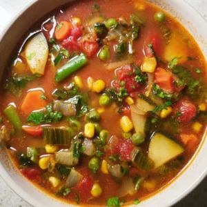 Bowl of colorful vegetable soup with fresh ingredients