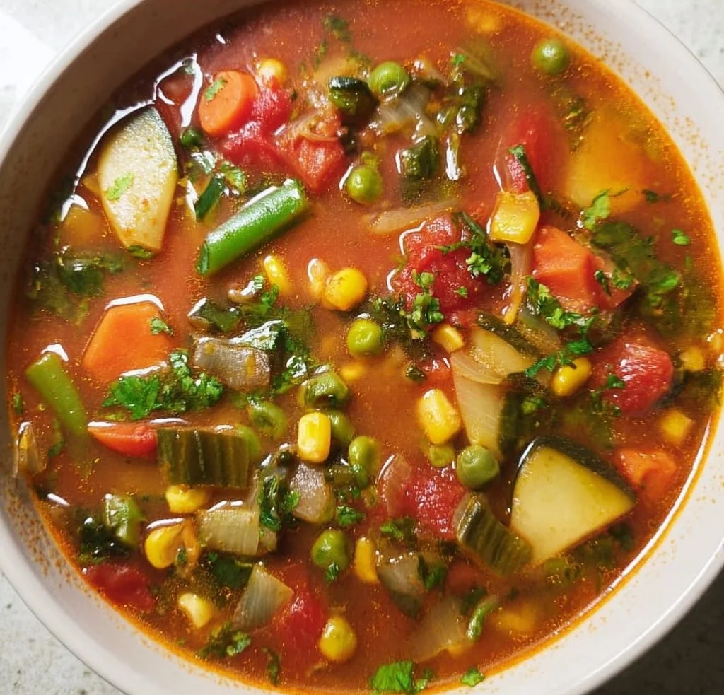 Bowl of colorful vegetable soup with fresh ingredients