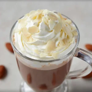 A cup of rich almond hot chocolate topped with whipped cream and almonds.