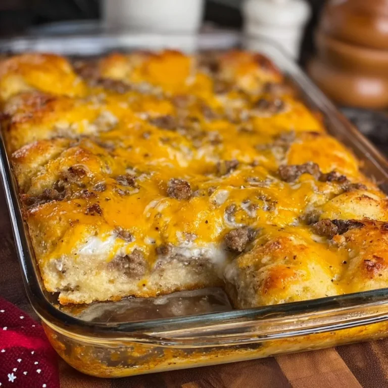 Biscuits and Gravy Breakfast Casserole topped with creamy sausage gravy