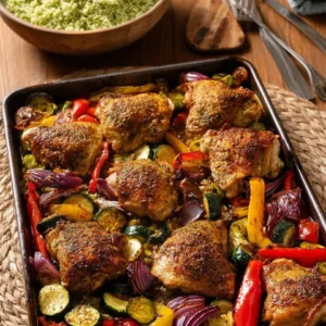 Plate of black pepper chicken served with balsamic roasted vegetables